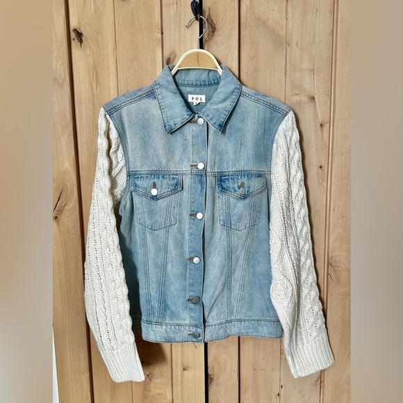 NEW POL Denim Jacket with Cream Sweater Cable Knit Sleeves - Picture 2 of 4